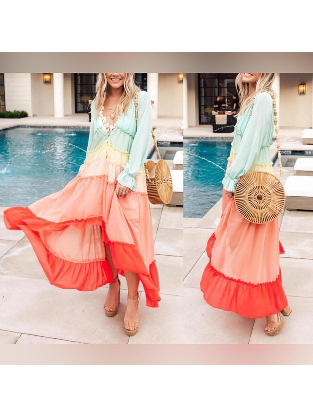 Vici Wavelength Rainbow Dress Tiered Ruffle Pastel Hi Lo Maxi Beach Dress Sz S